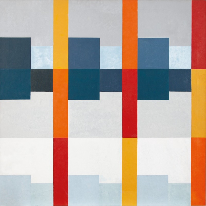 Hedi Mertens, "Nove gruppi di quadrati articolati cromaticamente, accentuati in verticale e orizzontale", 1970, olio su tela